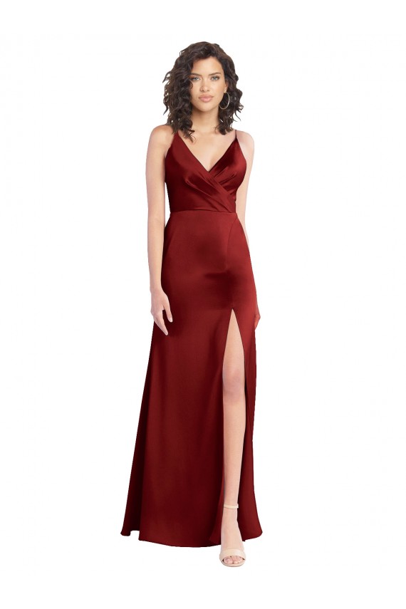 Bordeaux Trapèze Col V Satiné Stretch Longue Formelles Robes demoiselle d'honneur / Robes de soirée / Robes de bal Outlet