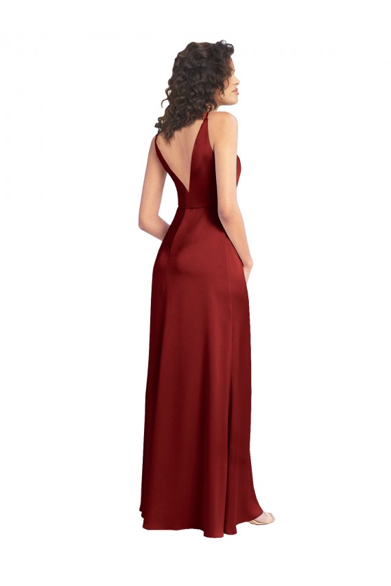 Bordeaux Trapèze Col V Satiné Stretch Longue Formelles Robes demoiselle d'honneur / Robes de soirée / Robes de bal Outlet