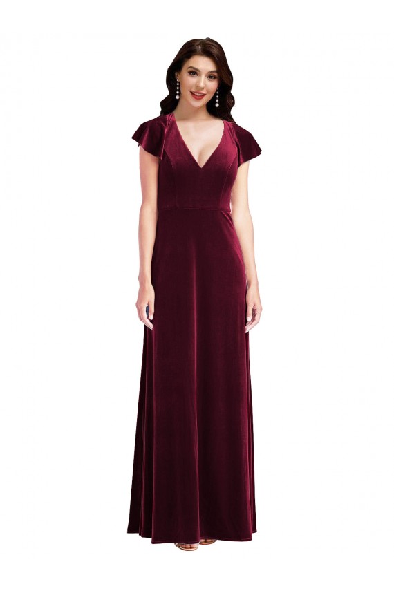 Bordeaux Trapèze Col V Velours Stretch Longue Robes demoiselle d'honneur / Robes de bal Outlet
