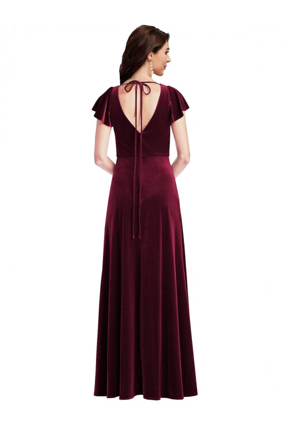 Bordeaux Trapèze Col V Velours Stretch Longue Robes demoiselle d'honneur / Robes de bal Outlet