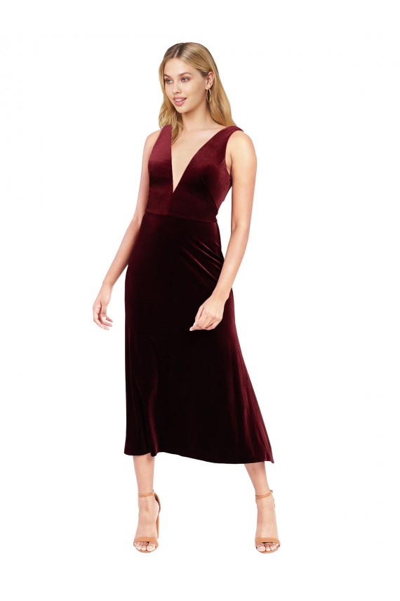 Bordeaux Trapèze Col V midi Velours Stretch Courte Robes demoiselle d'honneur / Robes de bal / Robes de cocktail Outlet