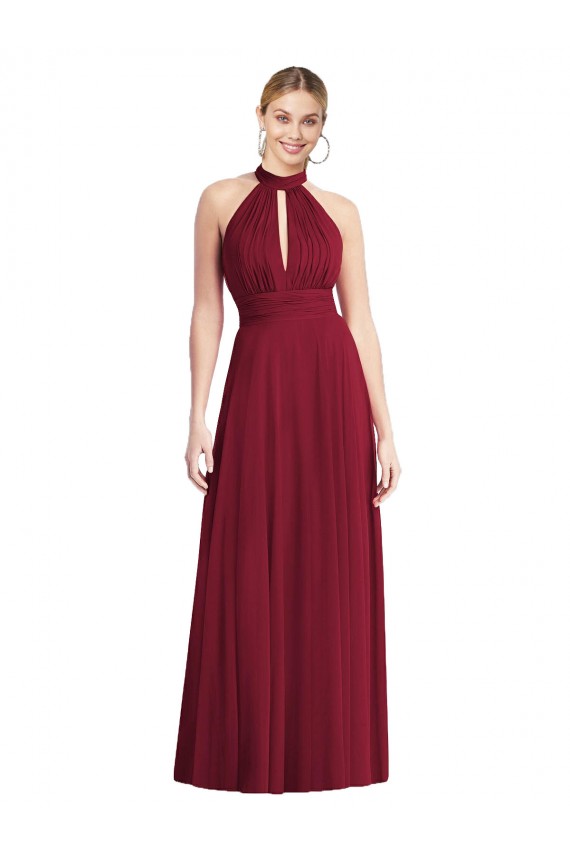 Bordeaux Trapèze Licou Col Haut Mousseline Longue Robes demoiselle d'honneur Outlet