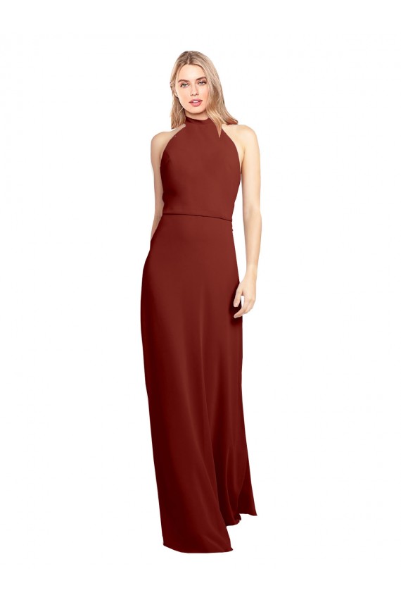 Bordeaux Trapèze Licou Col Haut Mousseline Longue Robes demoiselle d'honneur / Robes de bal Outlet