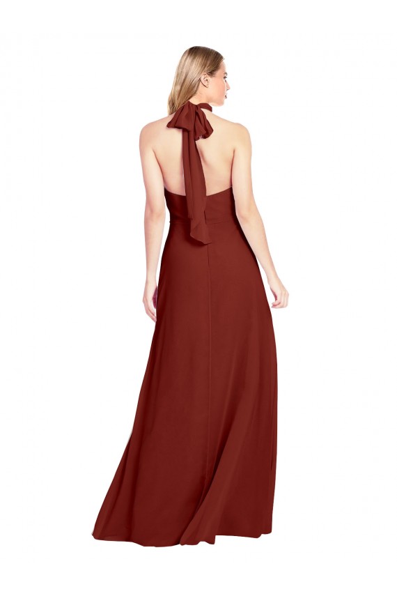 Bordeaux Trapèze Licou Col Haut Mousseline Longue Robes demoiselle d'honneur / Robes de bal Outlet