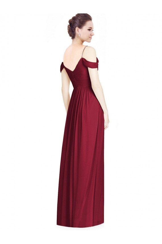 Bordeaux Trapèze Épaule Dénudée Col V Mousseline Longue Robes demoiselle d'honneur Outlet