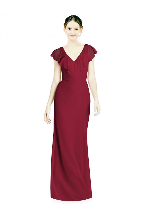 Bordeaux Trompette Col V Mousseline Longue Robes demoiselle d'honneur Outlet