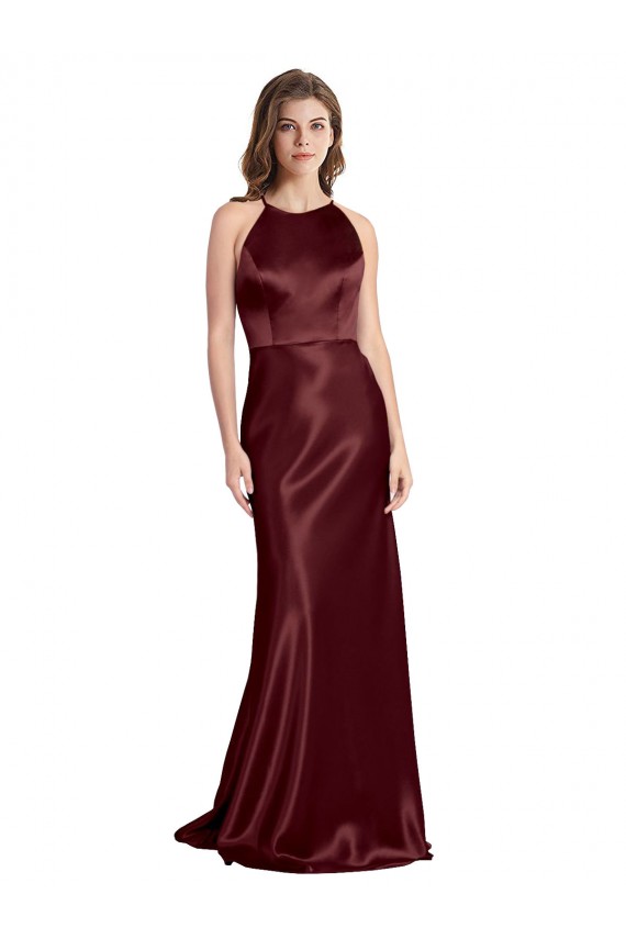 Bordeaux foncé Trapèze Bretelles spaghetti Col V Satiné Stretch Longue Formelles Robes demoiselle d'honneur / Robes de soirée / Robes de bal Outlet