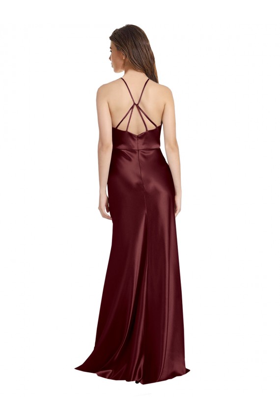 Bordeaux foncé Trapèze Bretelles spaghetti Col V Satiné Stretch Longue Formelles Robes demoiselle d'honneur / Robes de soirée / Robes de bal Outlet