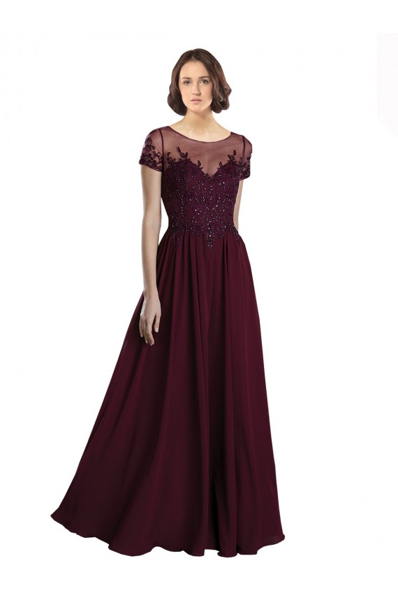Bordeaux foncé Trapèze Col bijou Tulle Mousseline Longue Robes demoiselle d'honneur Outlet