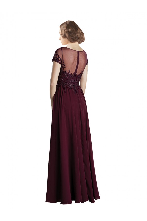 Bordeaux foncé Trapèze Col bijou Tulle Mousseline Longue Robes demoiselle d'honneur Outlet