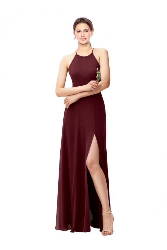 Bordeaux foncé Trapèze Licou Col Haut Mousseline Longue Robes demoiselle d'honneur Outlet