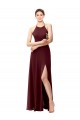 Bordeaux foncé Trapèze Licou Col Haut Mousseline Longue Robes demoiselle d'honneur Outlet