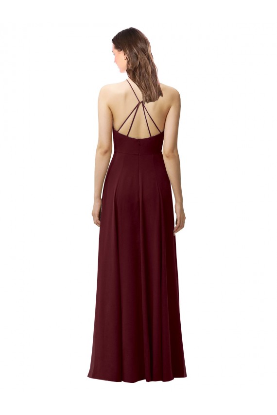 Bordeaux foncé Trapèze Licou Col Haut Mousseline Longue Robes demoiselle d'honneur Outlet