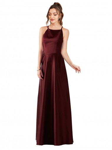 Bordeaux foncé Trapèze Licou Satiné Longue Robes demoiselle d'honneur / Robes de bal Pas Chre