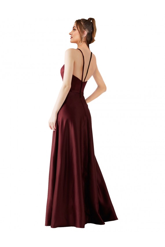 Bordeaux foncé Trapèze Licou Satiné Longue Robes demoiselle d'honneur / Robes de bal Outlet