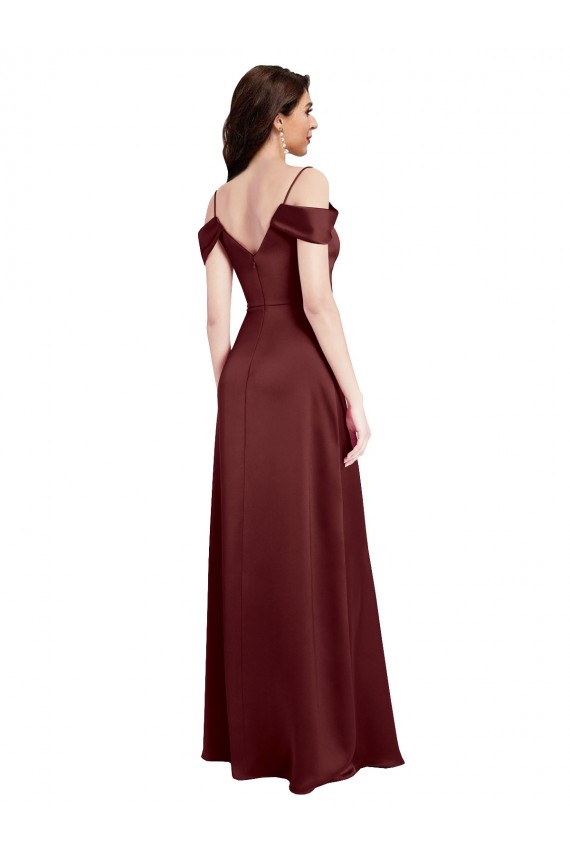 Bordeaux foncé Trapèze Épaule Dénudée Col V Satiné Stretch Longue Formelles Robes demoiselle d'honneur / Robes de soirée / Robes de bal Outlet