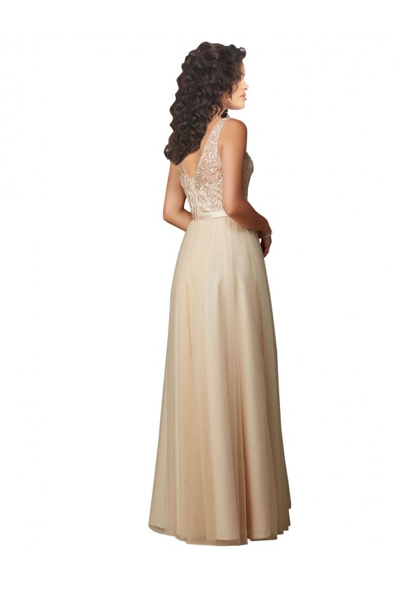 Champagne Trapèze Col V Tulle Dentelle Longue Robes demoiselle d'honneur Outlet