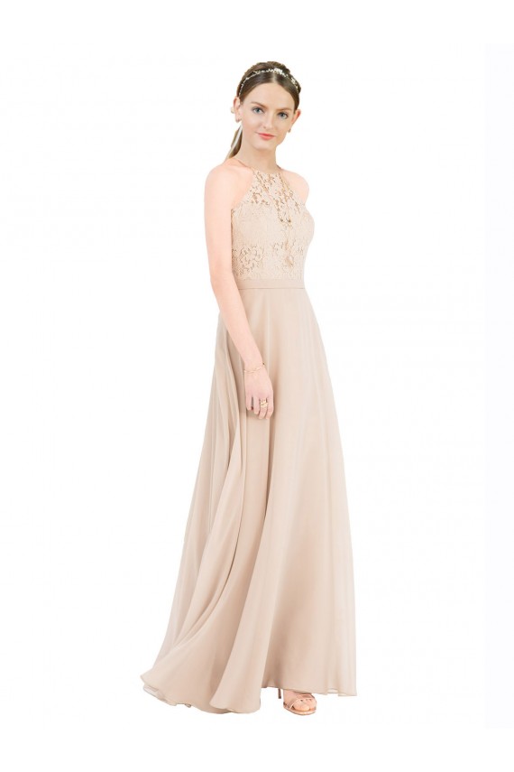 Champagne Trapèze Licou Col Haut Mousseline Dentelle Longue Robes demoiselle d'honneur / Robes de bal Outlet