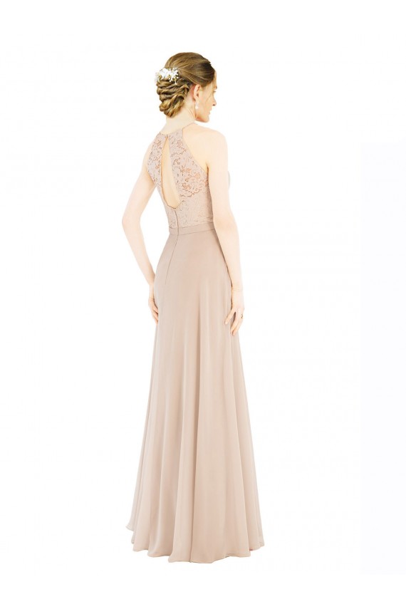 Champagne Trapèze Licou Col Haut Mousseline Dentelle Longue Robes demoiselle d'honneur / Robes de bal Outlet