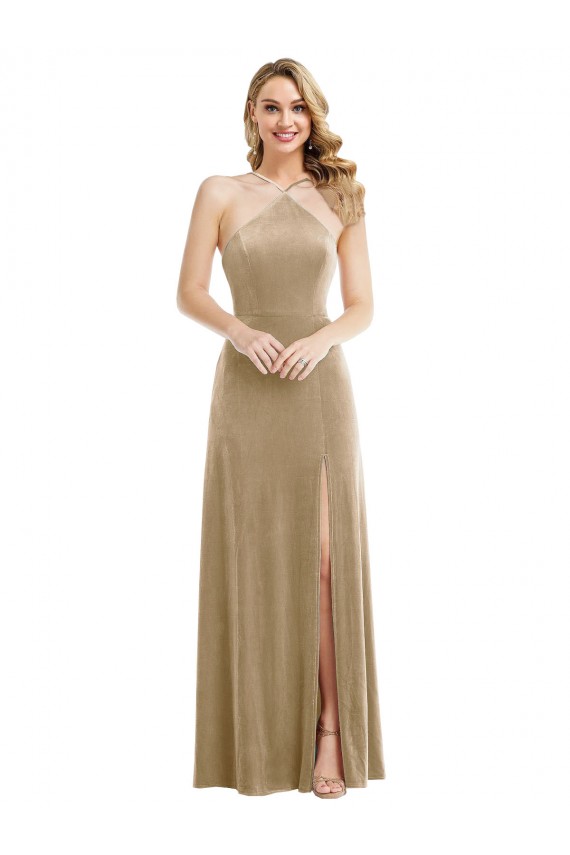 Champagne Trapèze Licou Col Haut Velours Stretch Longue Robes demoiselle d'honneur / Robes de bal Outlet