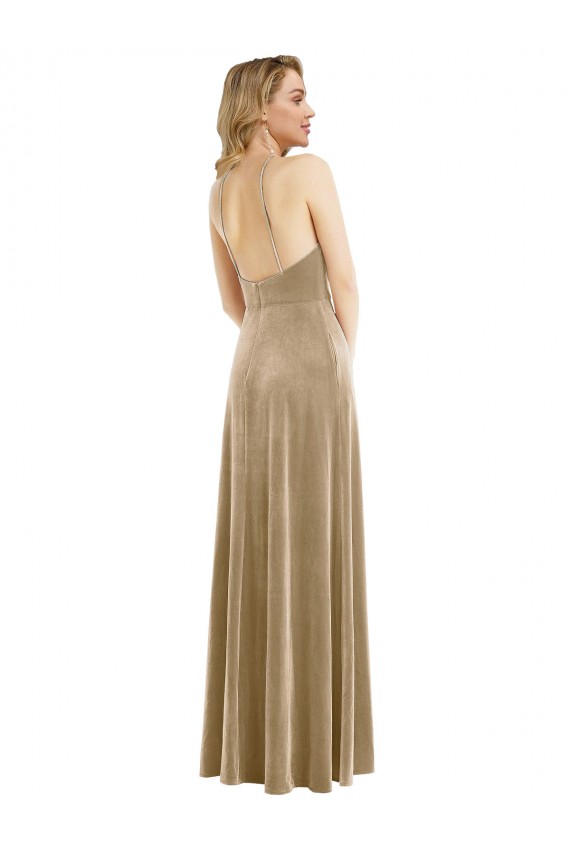 Champagne Trapèze Licou Col Haut Velours Stretch Longue Robes demoiselle d'honneur / Robes de bal Outlet