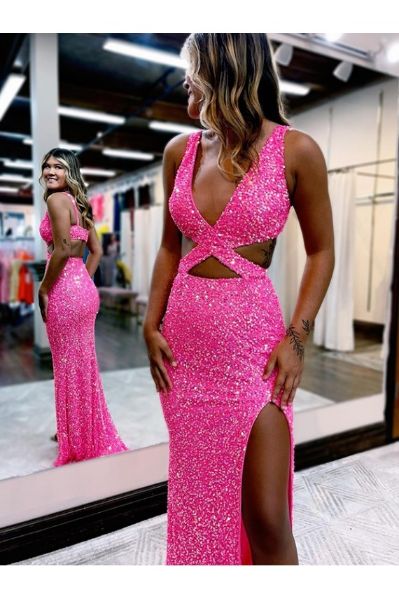 Couleur affichée Fourreau Col V Balayage train Paillettes Velours Longue Robes de bal Outlet