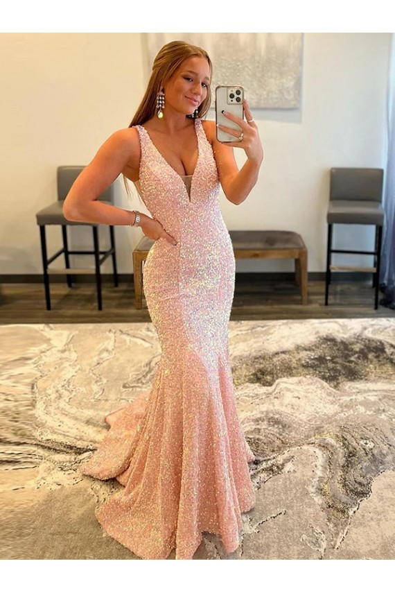 Couleur affichée Fourreau Col V Balayage train Paillettes Velours Longue Robes de bal Outlet