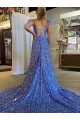 Couleur affichée Trapèze Col V Traîne moyenne Paillettes Velours Longue Robes de bal Outlet