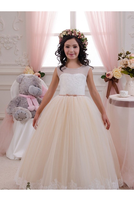 Ivoire & Champagne Princesse Tulle Dentelle Longue Robes de demoiselle d'honneur - fillette Outlet