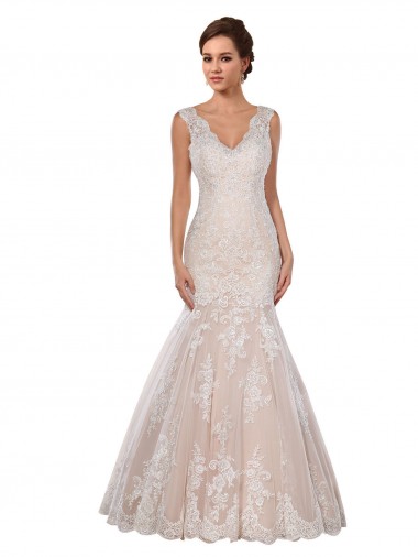 Ivoire & Champagne Sirène Col V Dentelle Classique Robes de mariée Pas Chre