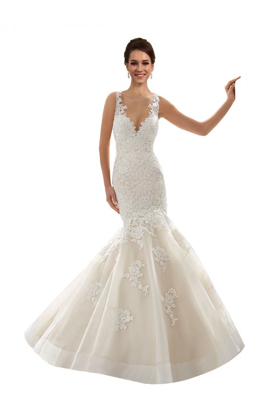 Ivoire & Champagne Sirène Col V Tulle Dentelle Classique Robes de mariée Outlet