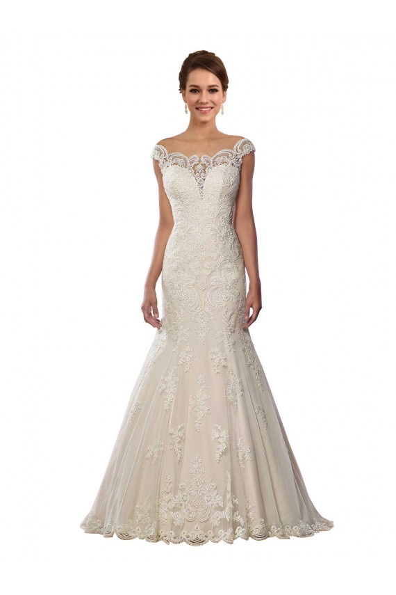 Ivoire & Champagne Sirène Épaule Dénudée Dentelle Boho Robes de mariée Outlet
