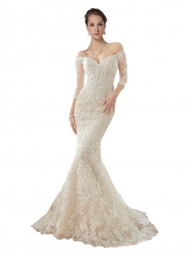 Ivoire & Champagne Sirène Épaule Dénudée Tulle Dentelle Robes de mariée Pas Chre