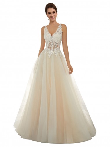 Ivoire & Champagne Trapèze Col V Tulle Dentelle Classique Robes de mariée Pas Chre
