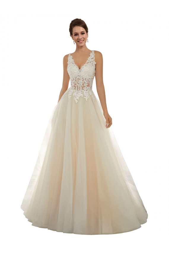 Ivoire & Champagne Trapèze Col V Tulle Dentelle Classique Robes de mariée Outlet