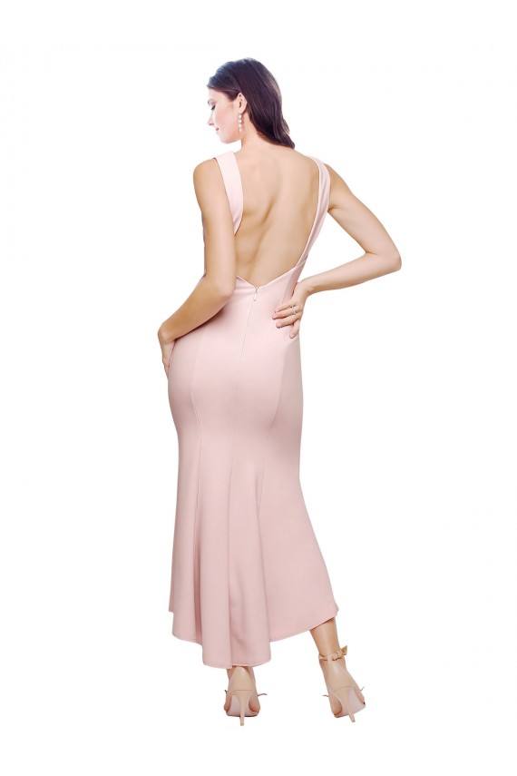 Rose Fourreau Col Haut midi Crêpe Stretch Courte Asymétrique Robes demoiselle d'honneur / Robes de soirée / Robes de cocktail Outlet