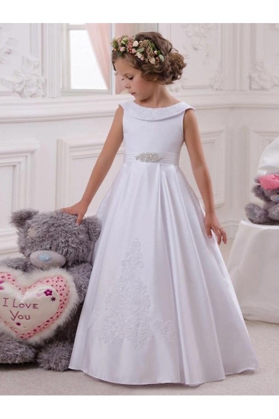 Ivoire Princesse Bateau Satiné Dentelle Longue Robes de demoiselle d'honneur - fillette Outlet