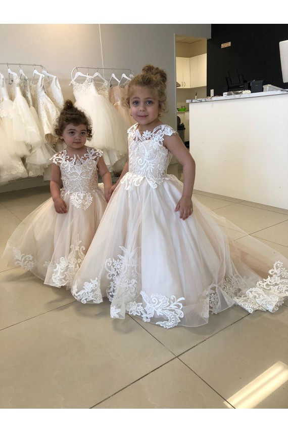 Ivoire Princesse Bateau Tulle Dentelle Longue Robes de demoiselle d'honneur - fillette Outlet