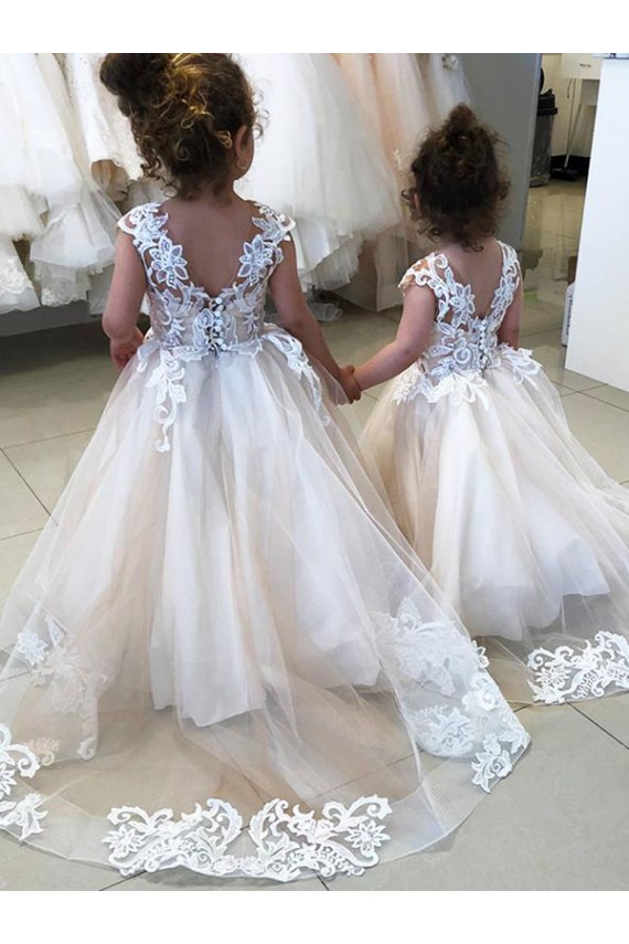 Ivoire Princesse Bateau Tulle Dentelle Longue Robes de demoiselle d'honneur - fillette Outlet
