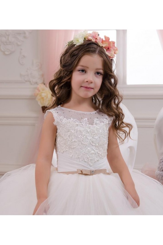 Ivoire Princesse Bateau Tulle Dentelle Longue Robes de demoiselle d'honneur - fillette Outlet