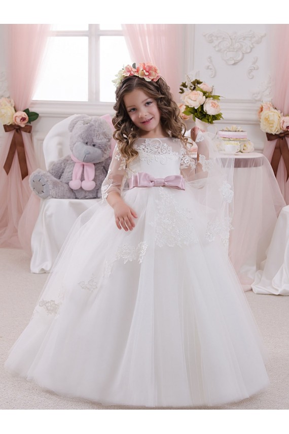 Ivoire Princesse Bateau Tulle Dentelle Longue Robes de demoiselle d'honneur - fillette Outlet