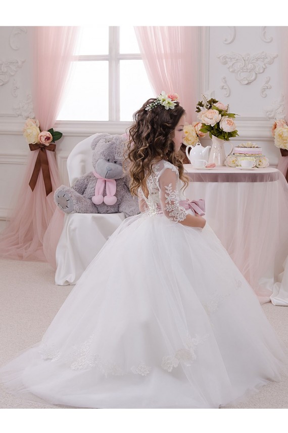 Ivoire Princesse Bateau Tulle Dentelle Longue Robes de demoiselle d'honneur - fillette Outlet