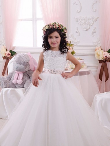 Ivoire Princesse Bateau Tulle Dentelle Longue Robes de demoiselle d'honneur - fillette Pas Chre
