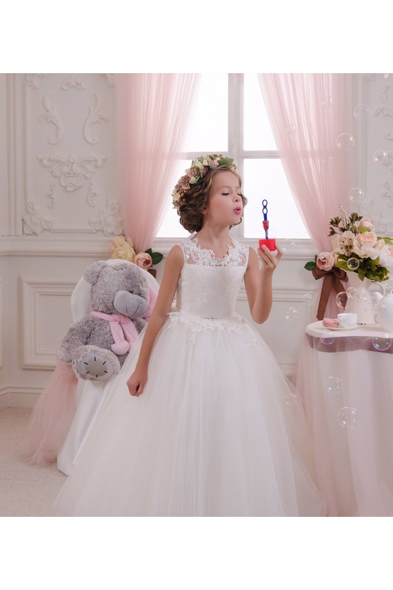 Ivoire Princesse Col Haut Tulle Dentelle Longue Robes de demoiselle d'honneur - fillette Outlet