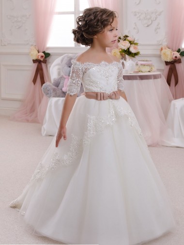 Ivoire Princesse Col Haut Tulle Dentelle Longue Robes de demoiselle d'honneur - fillette Pas Chre