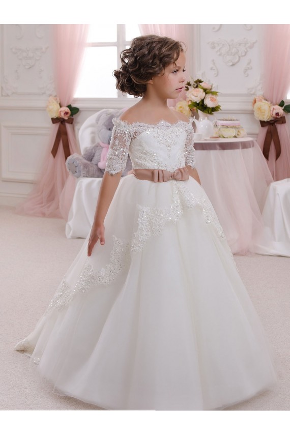 Ivoire Princesse Col Haut Tulle Dentelle Longue Robes de demoiselle d'honneur - fillette Outlet