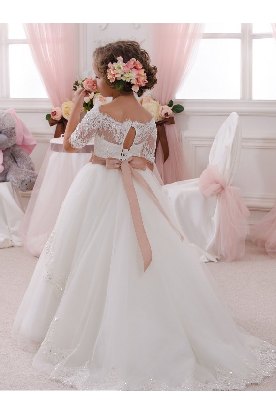 Ivoire Princesse Col Haut Tulle Dentelle Longue Robes de demoiselle d'honneur - fillette Outlet