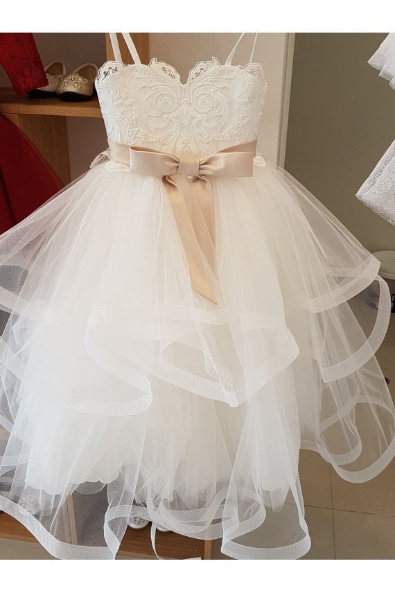 Ivoire Princesse Col Haut Tulle Dentelle Longue Robes de demoiselle d'honneur - fillette Outlet