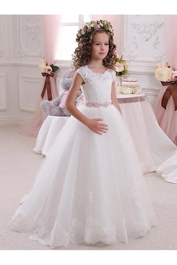 Ivoire Princesse Col Haut Tulle Dentelle Longue Robes de demoiselle d'honneur - fillette Outlet