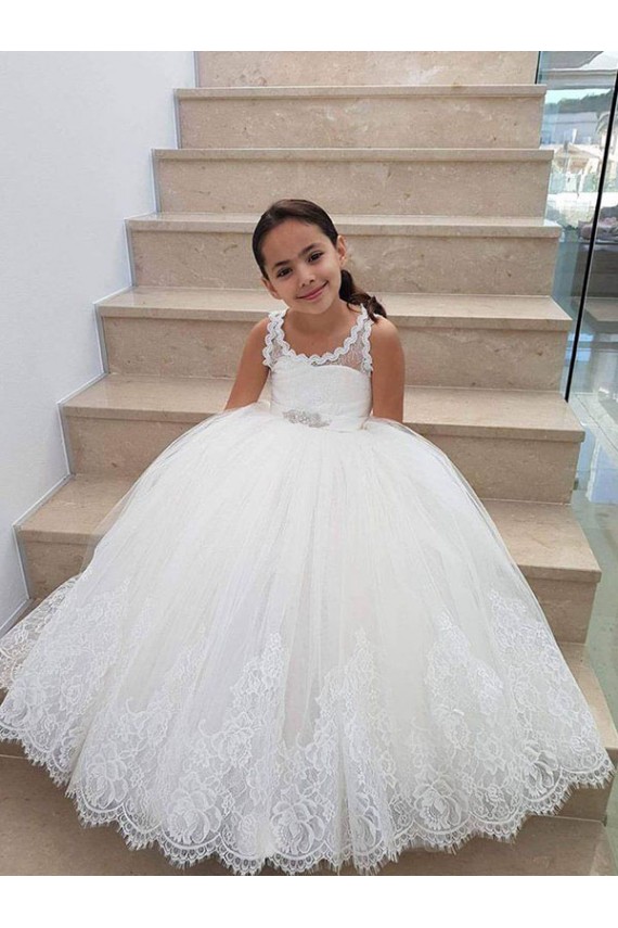 Ivoire Princesse Col Haut Tulle Dentelle Longue Robes de demoiselle d'honneur - fillette Outlet